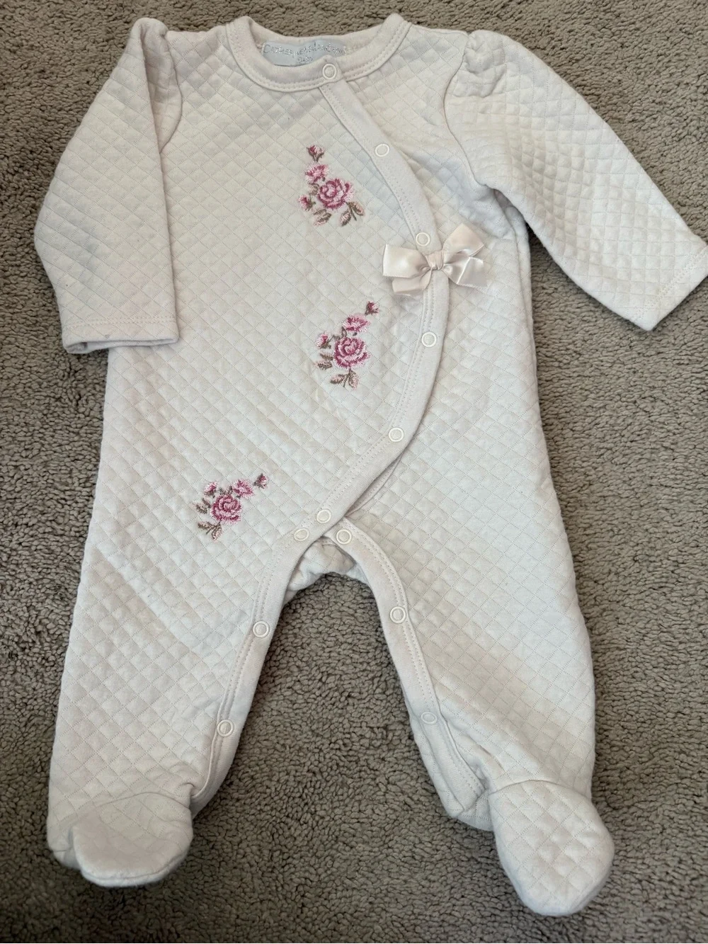Catherine Malandrino Quilted Cream Footed One-Piece with Pink Rose Embroidery